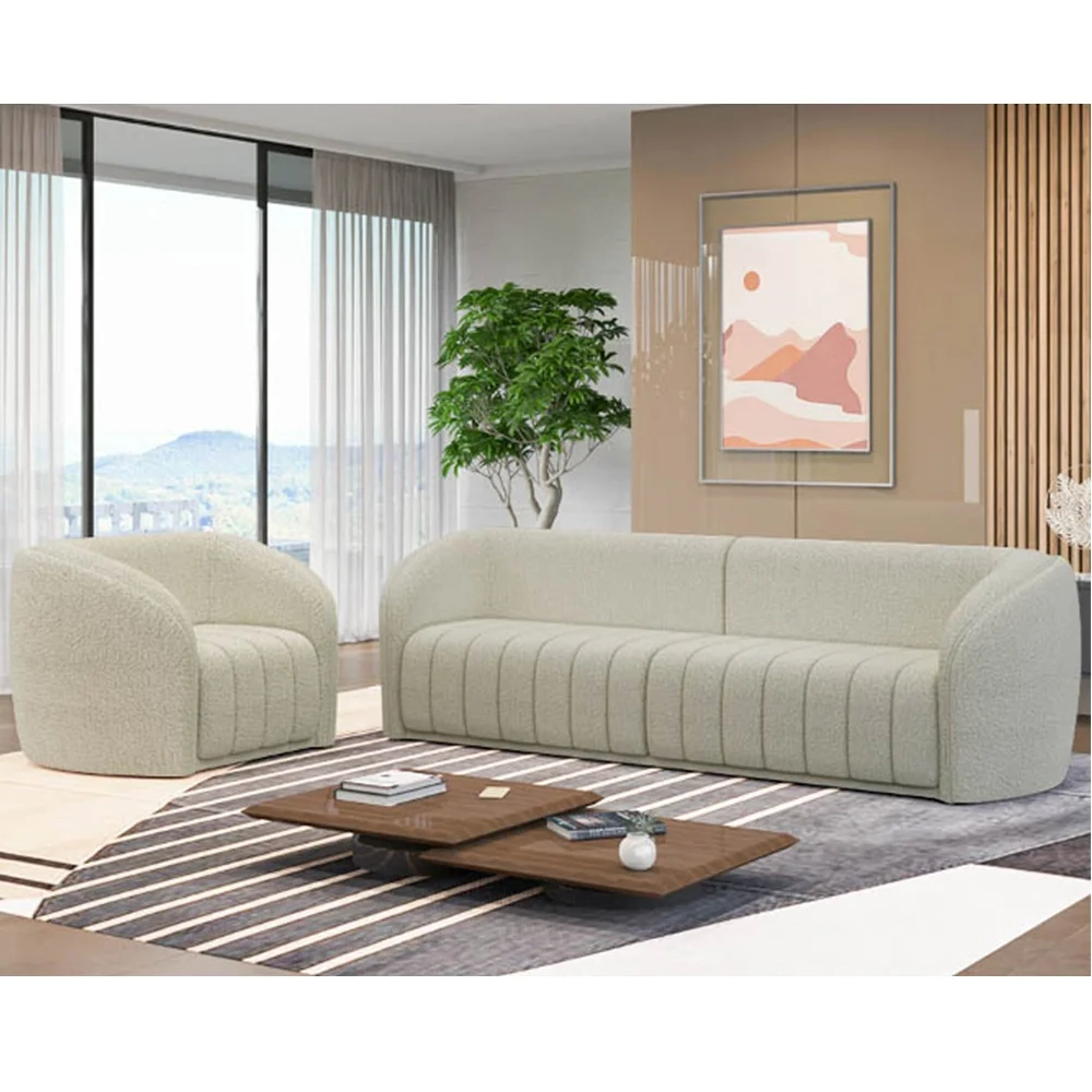 Sofá Decorativo 3 Lugares 292cm e Poltrona Meris Z32 Boucle Cru - Mpozenato