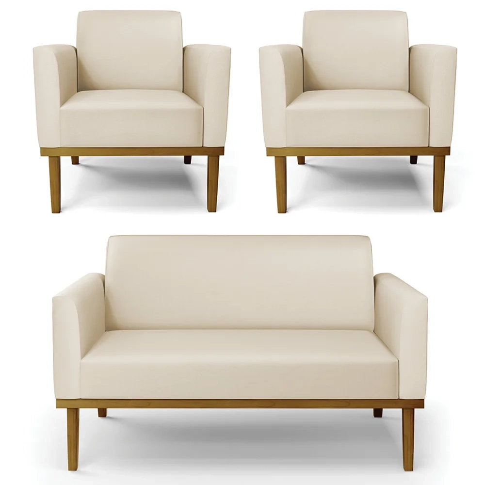Sofá Namoradeira e 2 Poltronas Base Madeira Castanho Maressa Sintético Bege - Ibiza