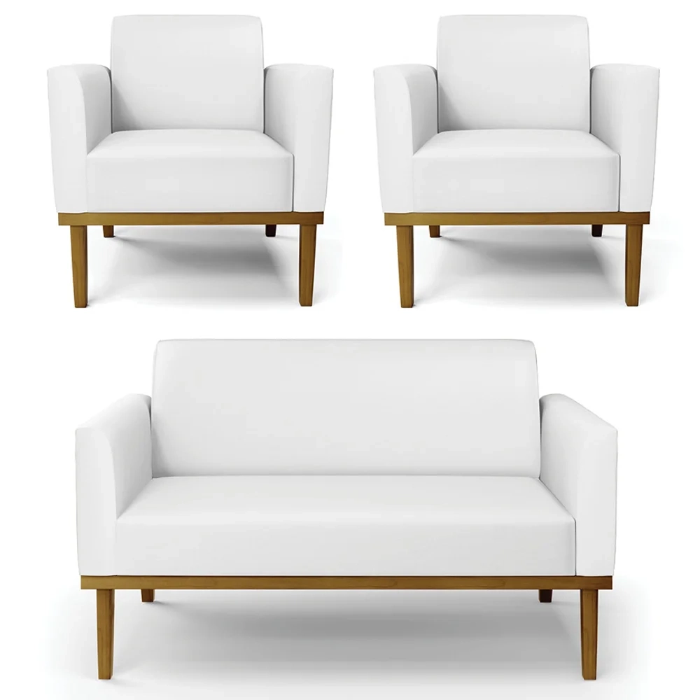 Sofá Namoradeira e 2 Poltronas Base Madeira Castanho Maressa Sintético Branco - Ibiza