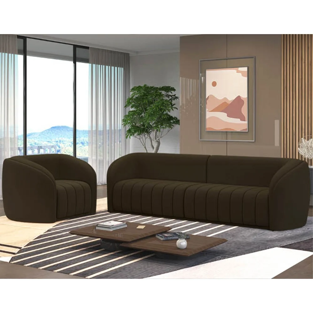 Sofá Decorativo 4 Lugares 332cm e Poltrona Meris Z32 Veludo Marrom - Mpozenato