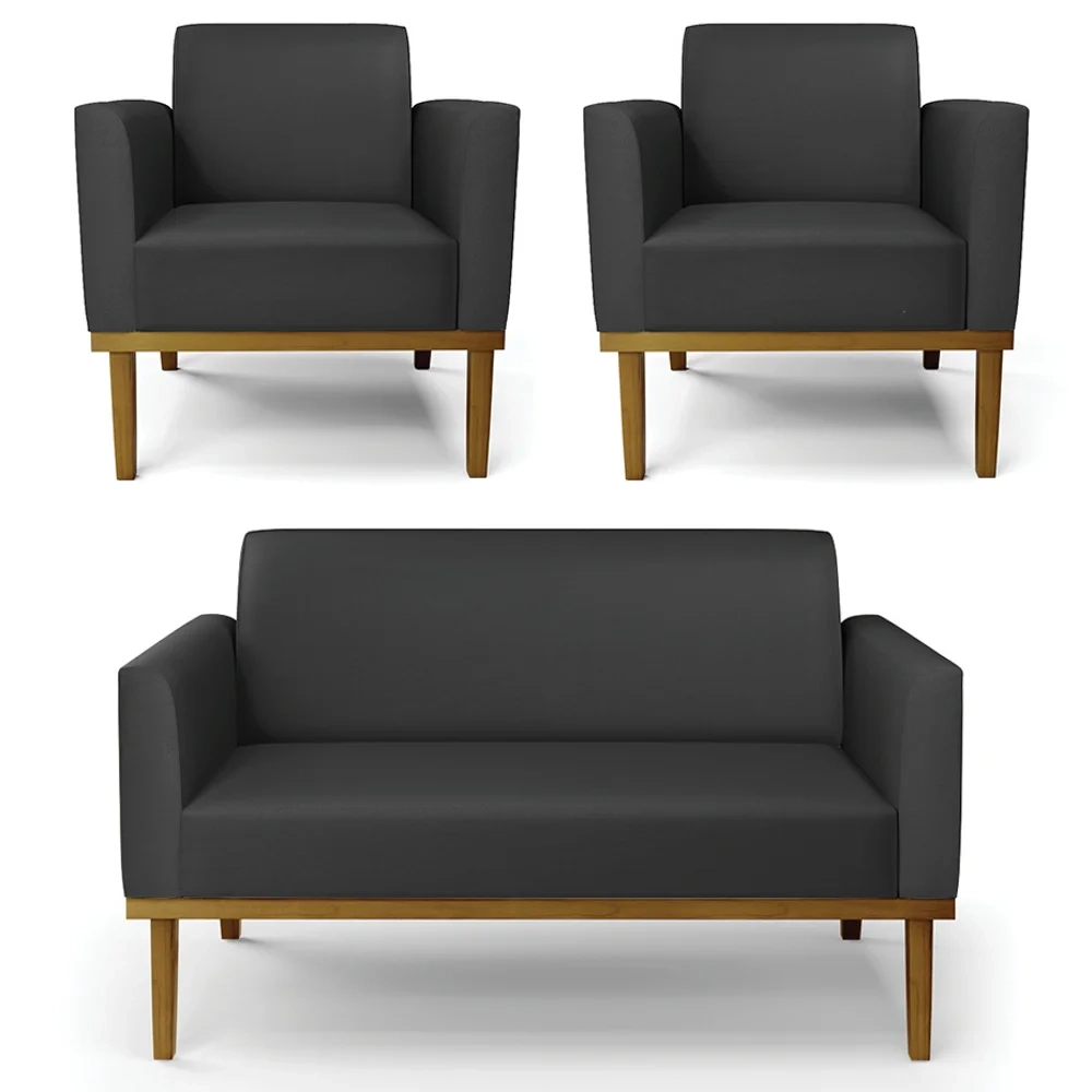 Sofá Namoradeira e 2 Poltronas Base Madeira Castanho Maressa Sintético Preto - Ibiza
