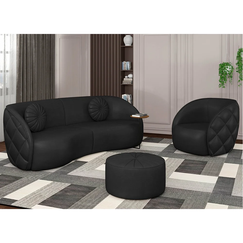 Sofá Decorativo 3 Lugares 288cm com Almofadas e Poltrona Zion Z32 Sintético Preto - Mpozenato