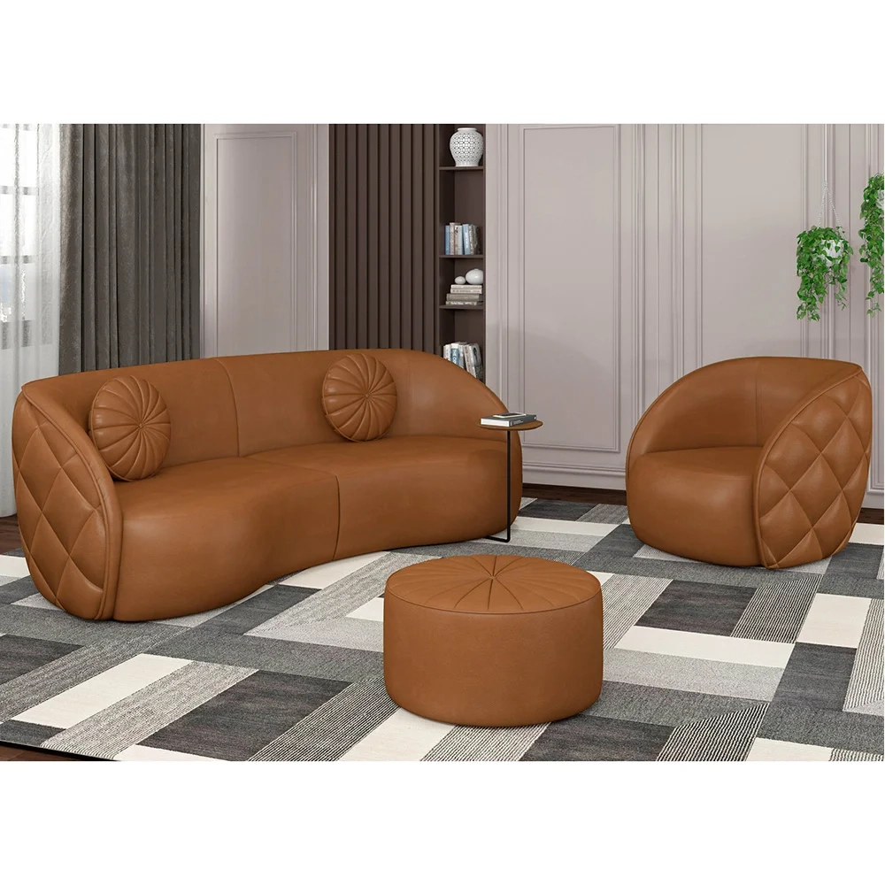 Sofá Decorativo 4 Lugares 318cm com Almofadas e Poltrona Zion Z32 Sintético Caramelo - Mpozenato