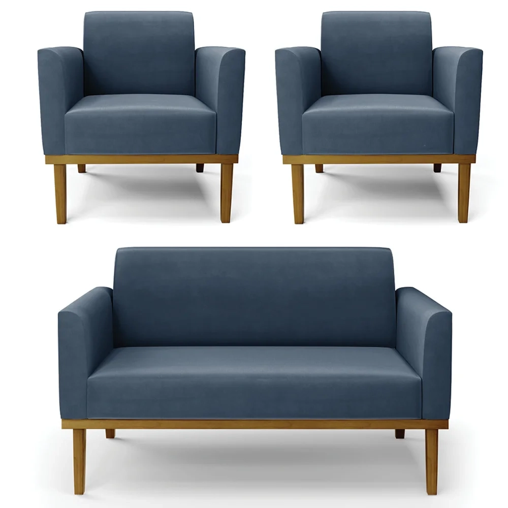 Sofá Namoradeira e 2 Poltronas Base Madeira Castanho Maressa Suede Azul Marinho - Ibiza