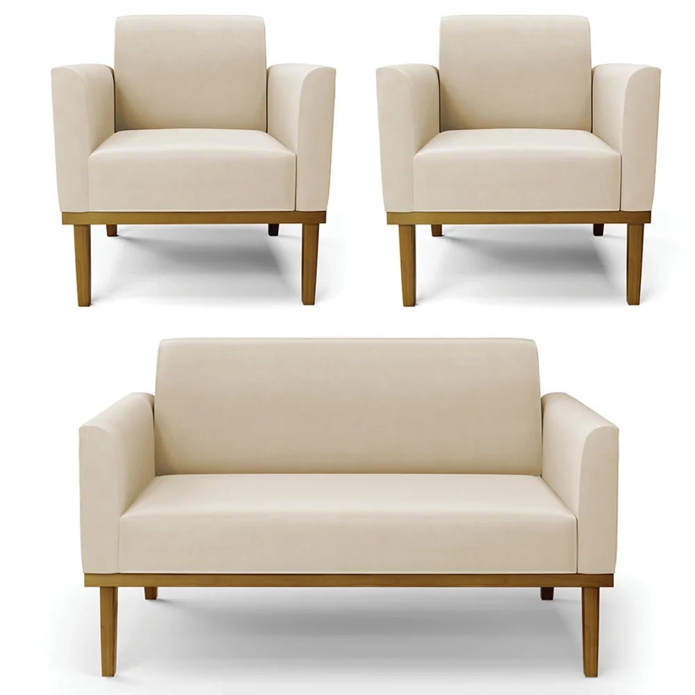 Sofá Namoradeira e 2 Poltronas Base Madeira Castanho Maressa Suede Bege - Ibiza