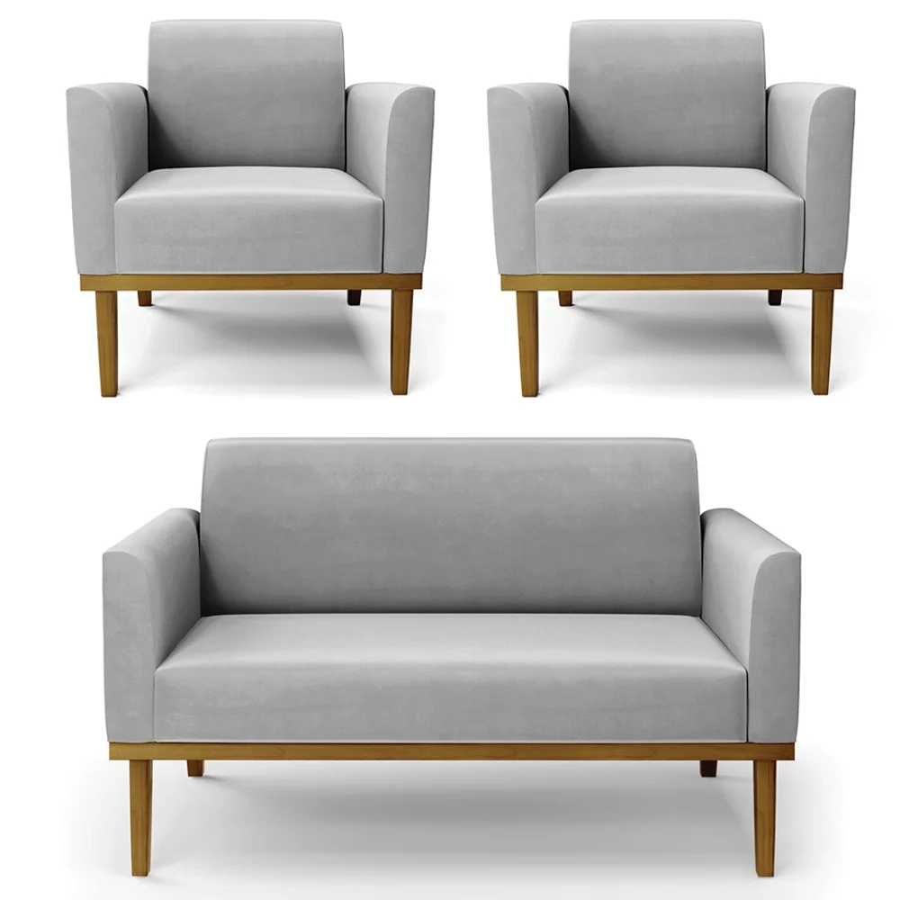 Sofá Namoradeira e 2 Poltronas Base Madeira Castanho Maressa Suede Cinza - Ibiza