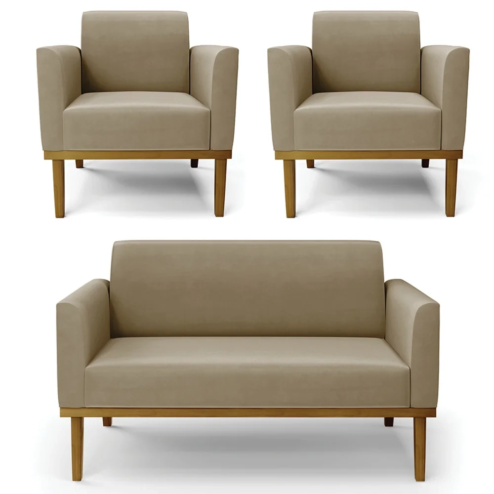 Sofá Namoradeira e 2 Poltronas Base Madeira Castanho Maressa Suede Marrom RT - Ibiza