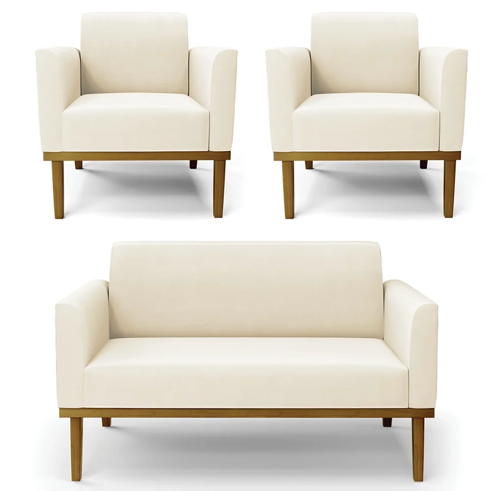 Sofá Namoradeira e 2 Poltronas Base Madeira Castanho Maressa Veludo Bege - Ibiza
