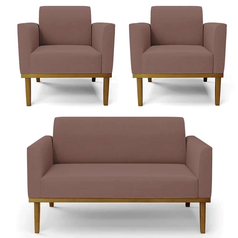 Sofá Namoradeira e 2 Poltronas Base Madeira Castanho Maressa Veludo Rosê - Ibiza