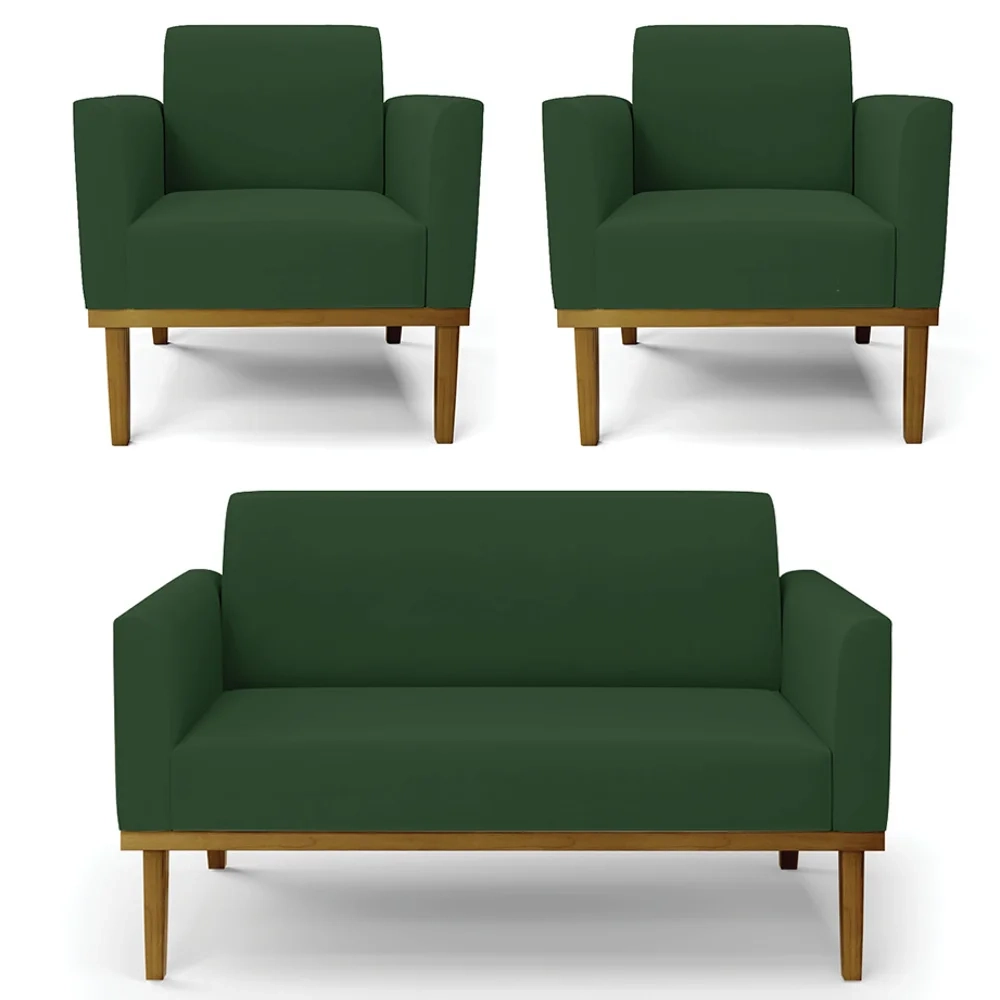 Sofá Namoradeira e 2 Poltronas Base Madeira Castanho Maressa Veludo Verde - Ibiza