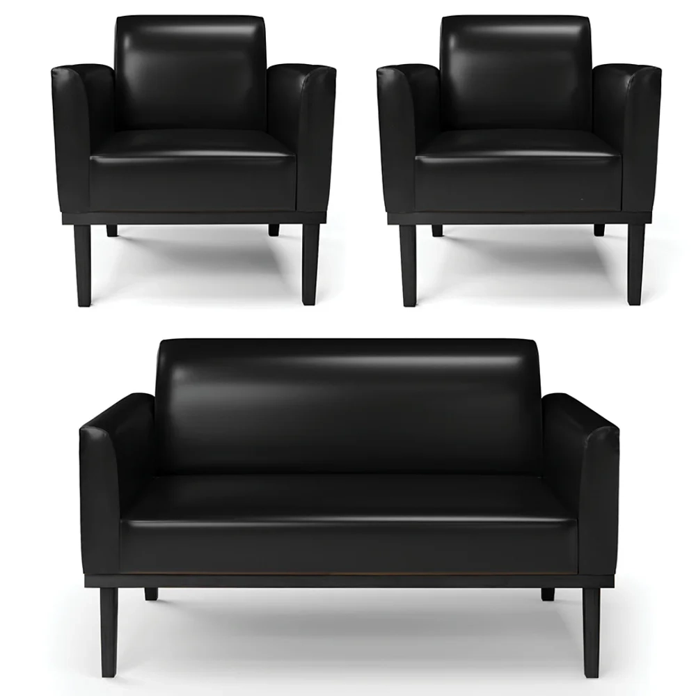 Sofá Namoradeira e 2 Poltronas Base Madeira Preto Maressa Sintético PU Preto - Ibiza