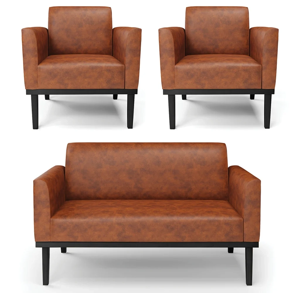 Sofá Namoradeira e 2 Poltronas Base Madeira Preto Maressa Sintético PU Nozes - Ibiza