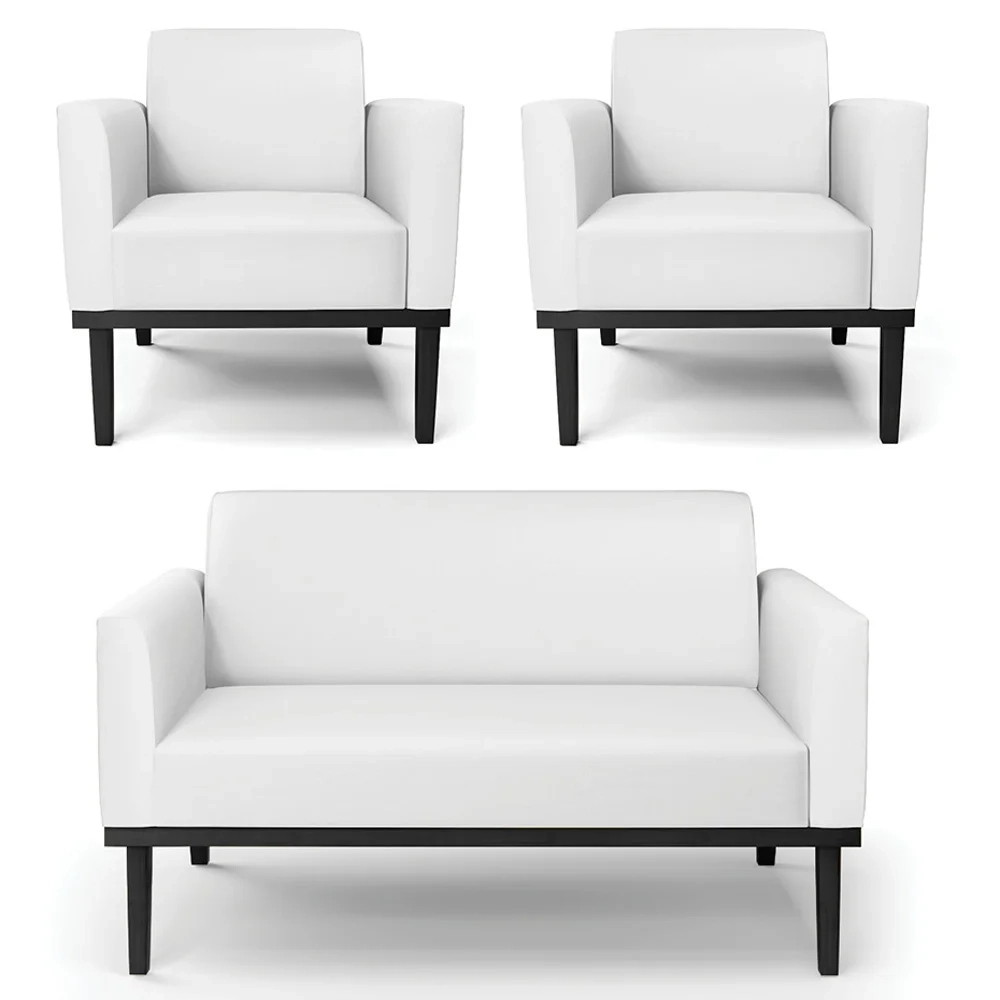 Sofá Namoradeira e 2 Poltronas Base Madeira Preto Maressa Sintético Branco - Ibiza