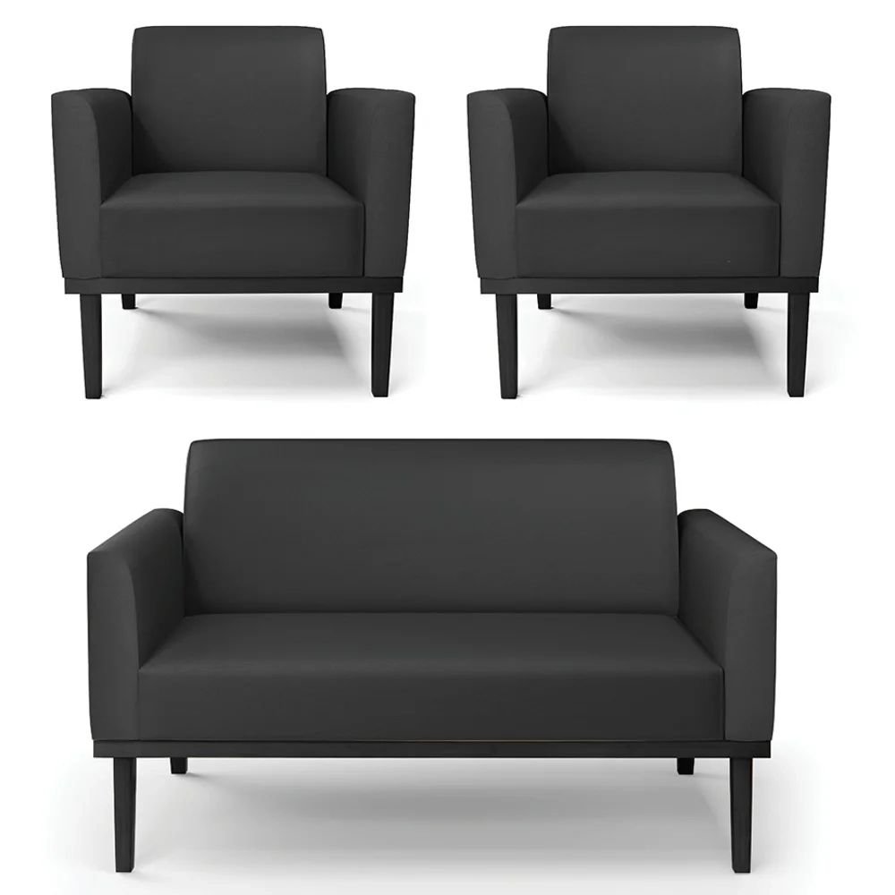 Sofá Namoradeira e 2 Poltronas Base Madeira Preto Maressa Sintético Preto - Ibiza