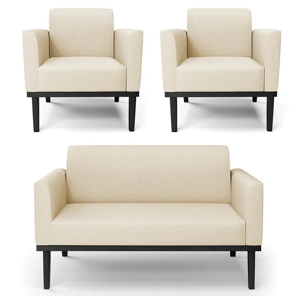 Sofá Namoradeira e 2 Poltronas Base Madeira Preto Maressa Linho Bege - Ibiza