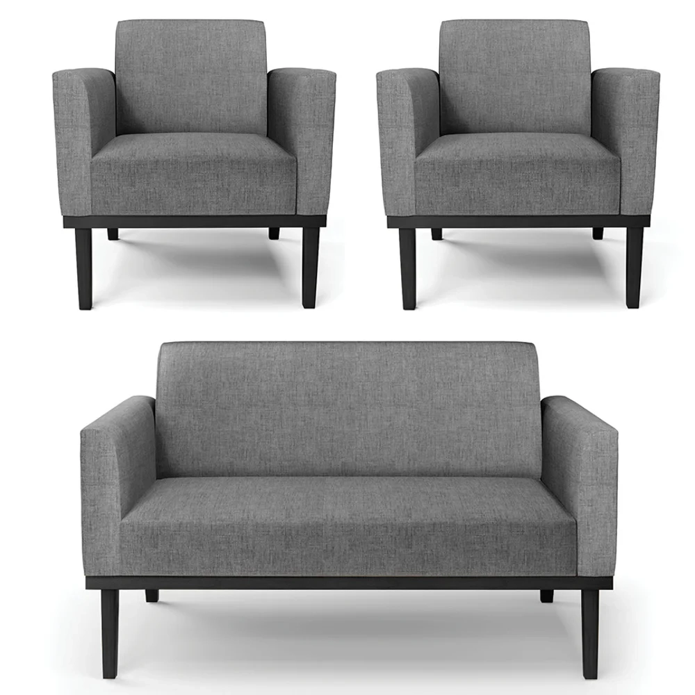 Sofá Namoradeira e 2 Poltronas Base Madeira Preto Maressa Linho Grafite - Ibiza