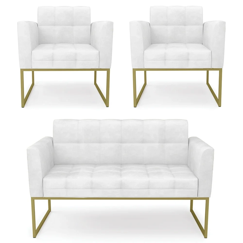 Sofá Namoradeira e 2 Poltronas Base Industrial Dourado Ana Sintético PU Branco - Ibiza