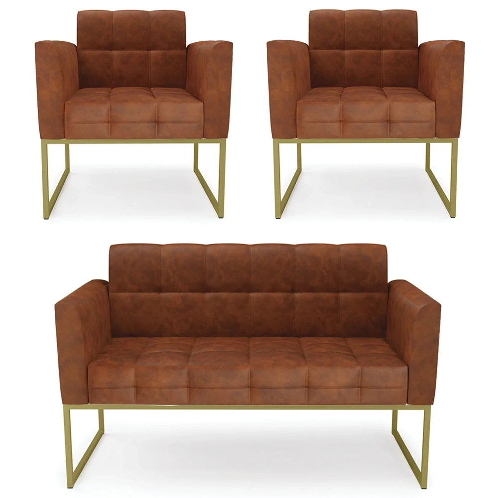Sofá Namoradeira e 2 Poltronas Base Industrial Dourado Ana Sintético PU Nozes - Ibiza
