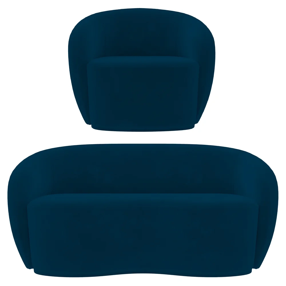 Sofá 2 Lugares Living 160cm e 1 Poltrona Giratória Garbin Z08 Veludo Azul Marinho - Mpozenato