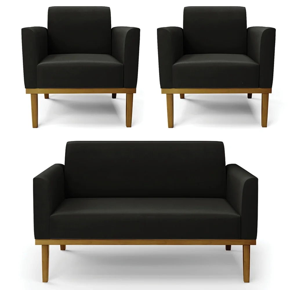 Sofá Namoradeira e 2 Poltronas Base Madeira Castanho Maressa Suede Preto - Ibiza