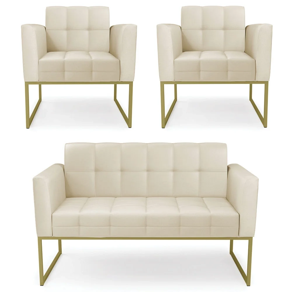 Sofá Namoradeira e 2 Poltronas Base Industrial Dourado Ana Sintético Bege - Ibiza