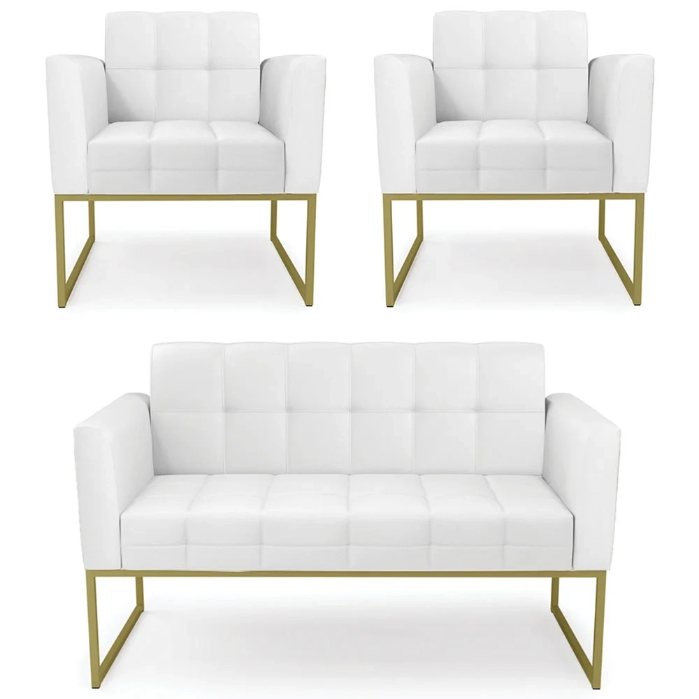 Sofá Namoradeira e 2 Poltronas Base Industrial Dourado Ana Sintético Branco - Ibiza