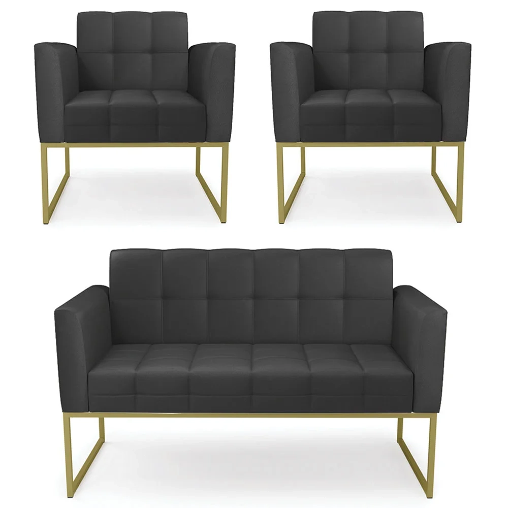 Sofá Namoradeira e 2 Poltronas Base Industrial Dourado Ana Sintético Preto - Ibiza