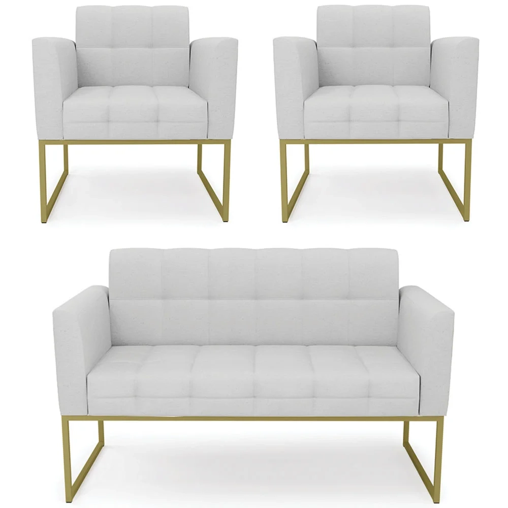 Sofá Namoradeira e 2 Poltronas Base Industrial Dourado Ana Linho Cinza - Ibiza