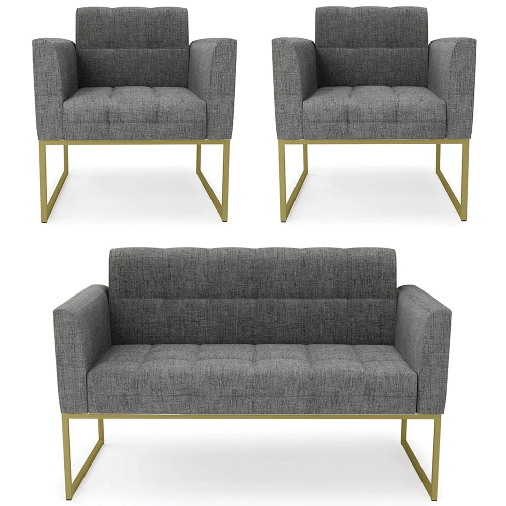 Sofá Namoradeira e 2 Poltronas Base Industrial Dourado Ana Linho Grafite - Ibiza