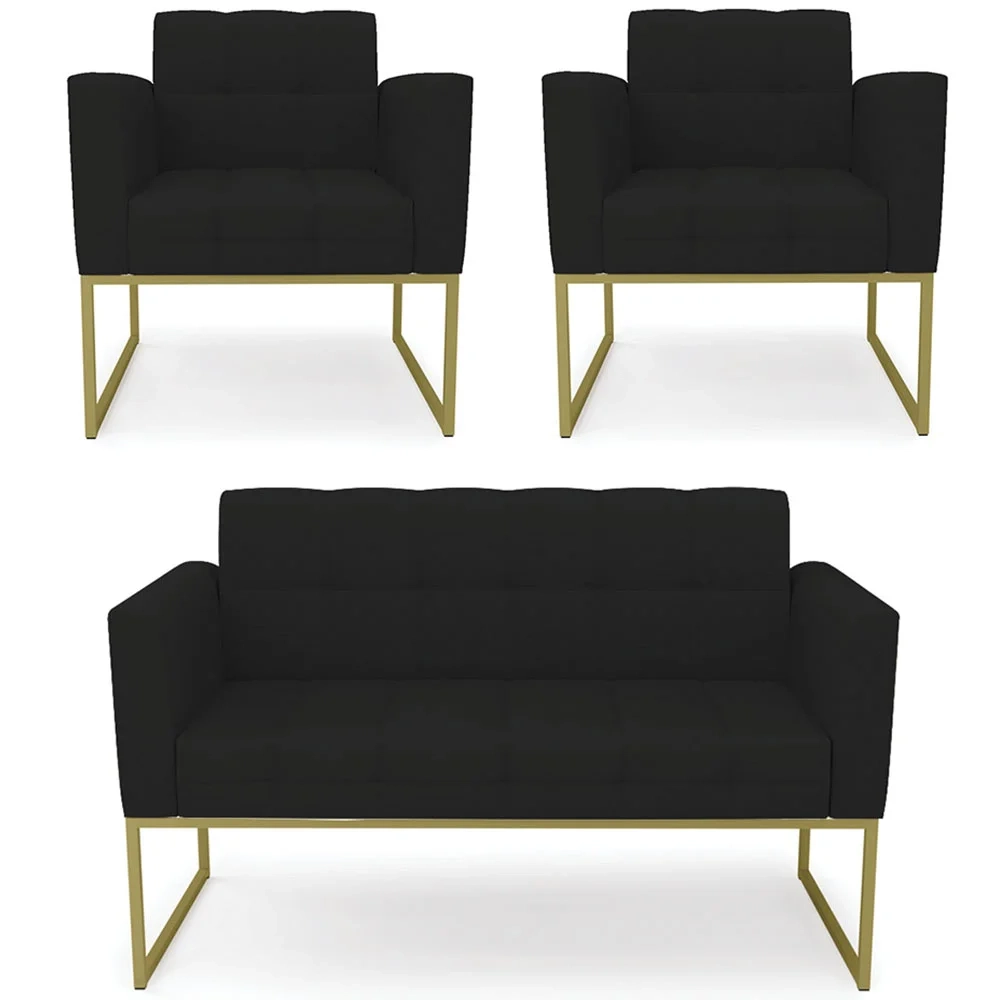Sofá Namoradeira e 2 Poltronas Base Industrial Dourado Ana Linho Preto - Ibiza