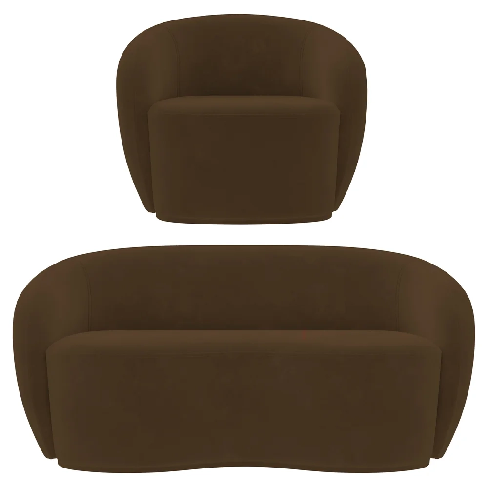 Sofá 3 Lugares Living 180cm e 1 Poltrona Giratória Garbin Z08 Veludo Marrom - Mpozenato
