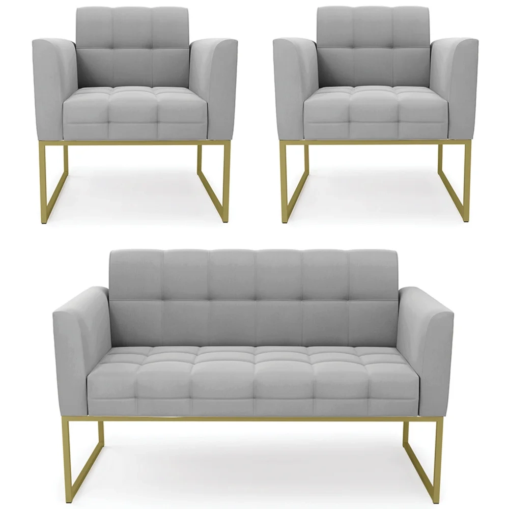 Sofá Namoradeira e 2 Poltronas Base Industrial Dourado Ana Suede Cinza - Ibiza