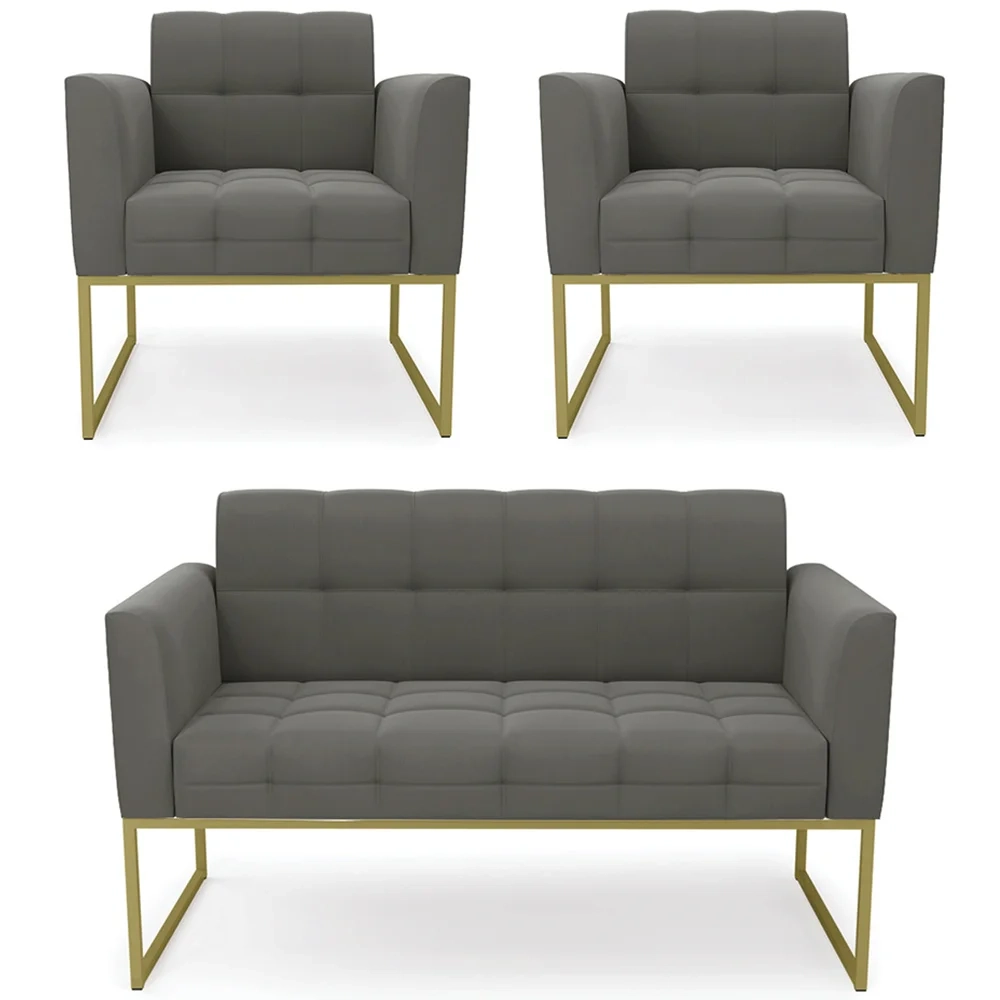 Sofá Namoradeira e 2 Poltronas Base Industrial Dourado Ana Suede Grafite - Ibiza