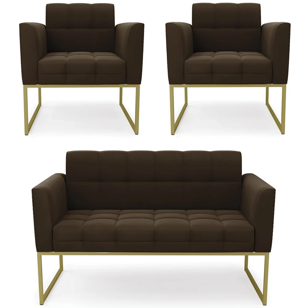 Sofá Namoradeira e 2 Poltronas Base Industrial Dourado Ana Suede Marrom - Ibiza