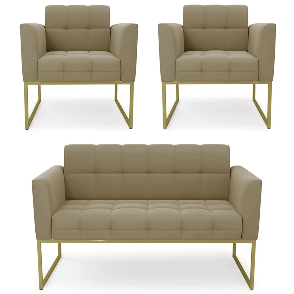Sofá Namoradeira e 2 Poltronas Base Industrial Dourado Ana Suede Marrom RT - Ibiza
