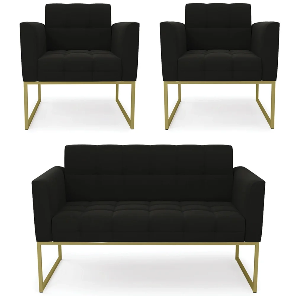 Sofá Namoradeira e 2 Poltronas Base Industrial Dourado Ana Suede Preto - Ibiza