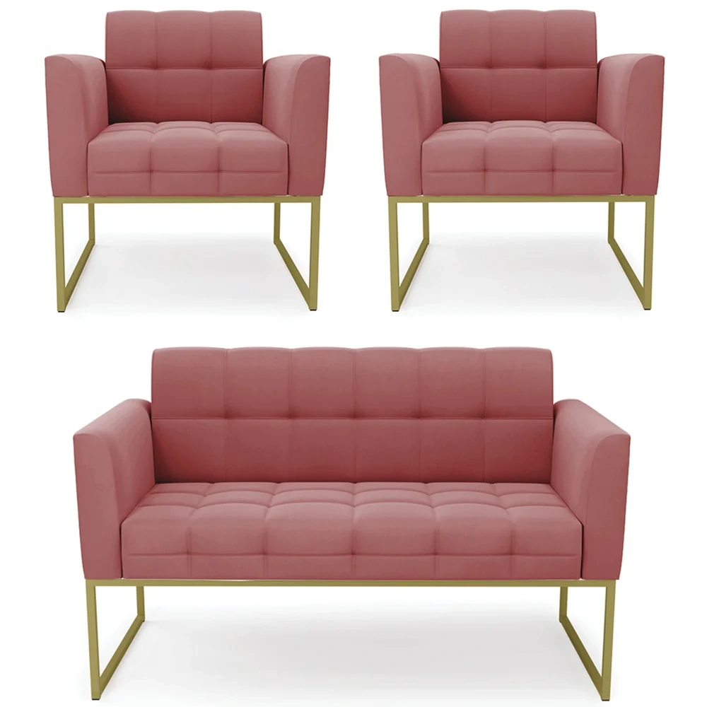 Sofá Namoradeira e 2 Poltronas Base Industrial Dourado Ana Suede Rosê - Ibiza