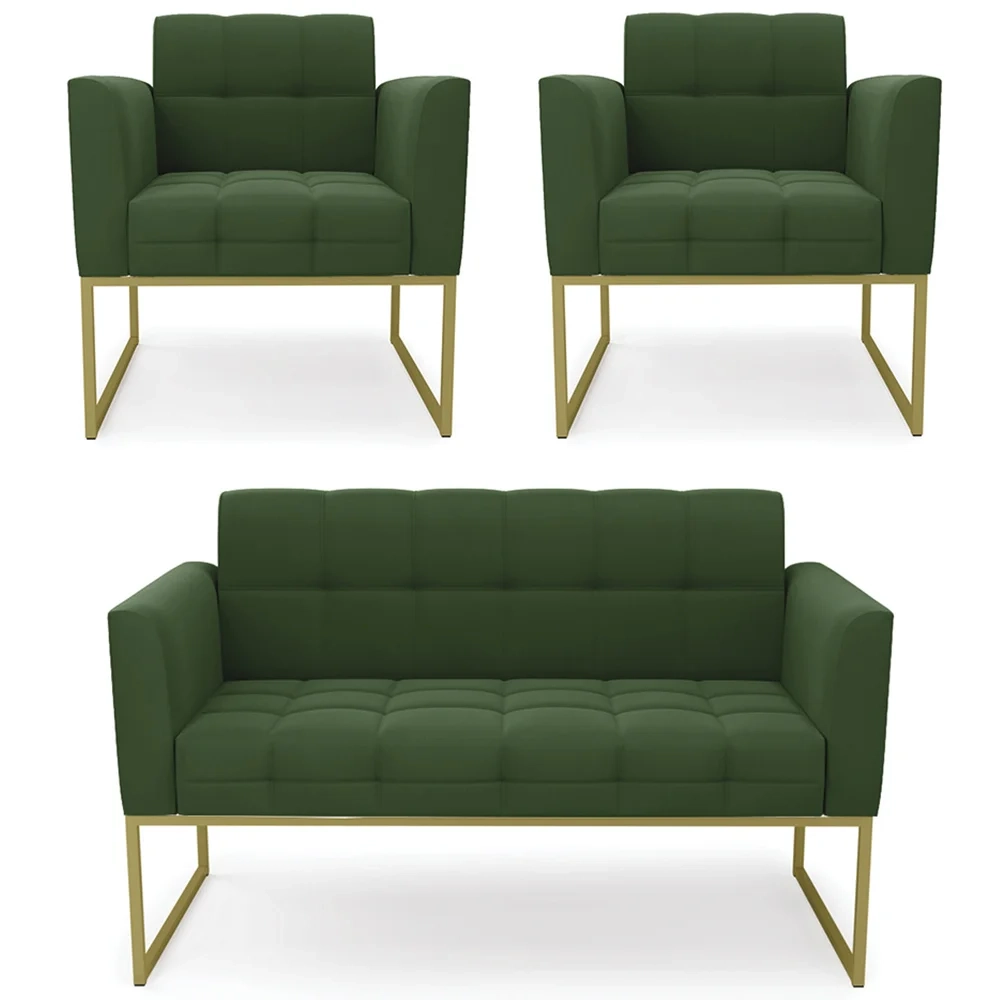 Sofá Namoradeira e 2 Poltronas Base Industrial Dourado Ana Suede Verde - Ibiza