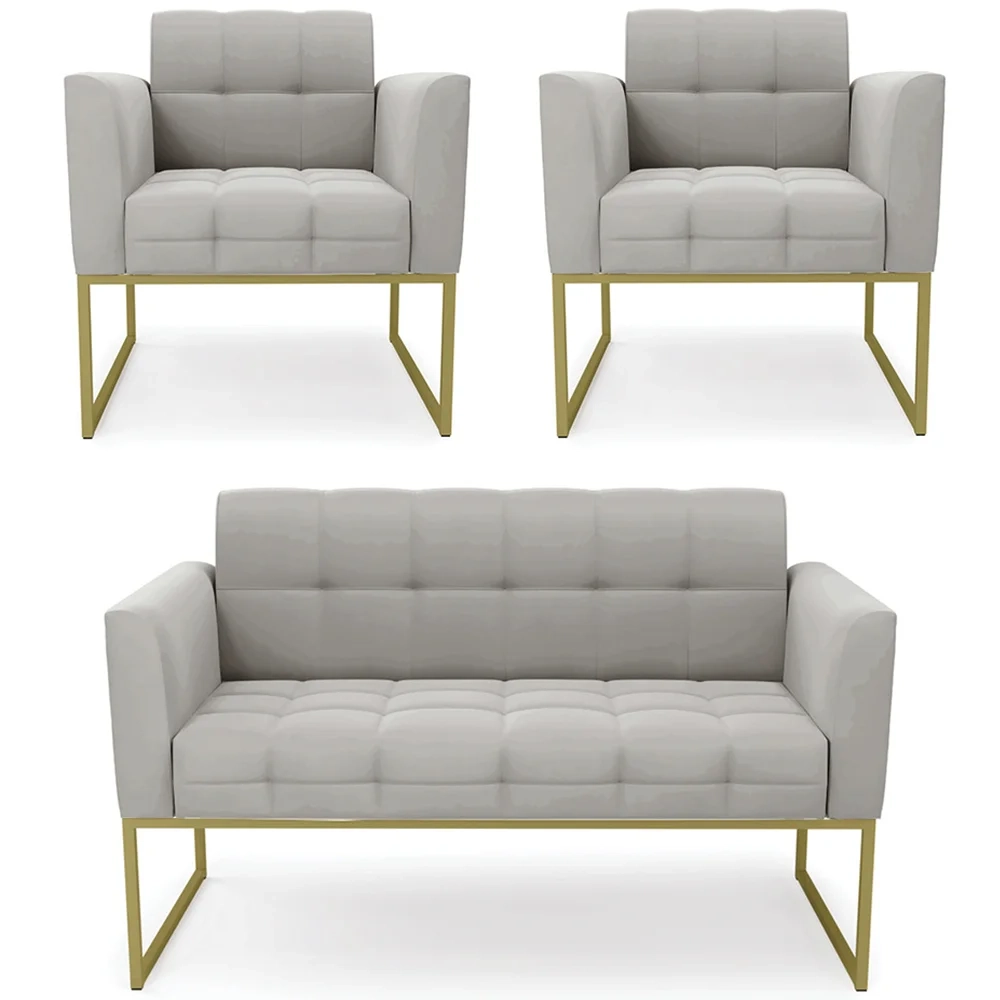 Sofá Namoradeira e 2 Poltronas Base Industrial Dourado Ana Veludo Cinza - Ibiza