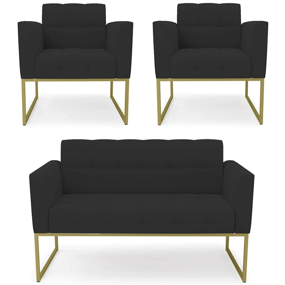 Sofá Namoradeira e 2 Poltronas Base Industrial Dourado Ana Veludo Preto - Ibiza