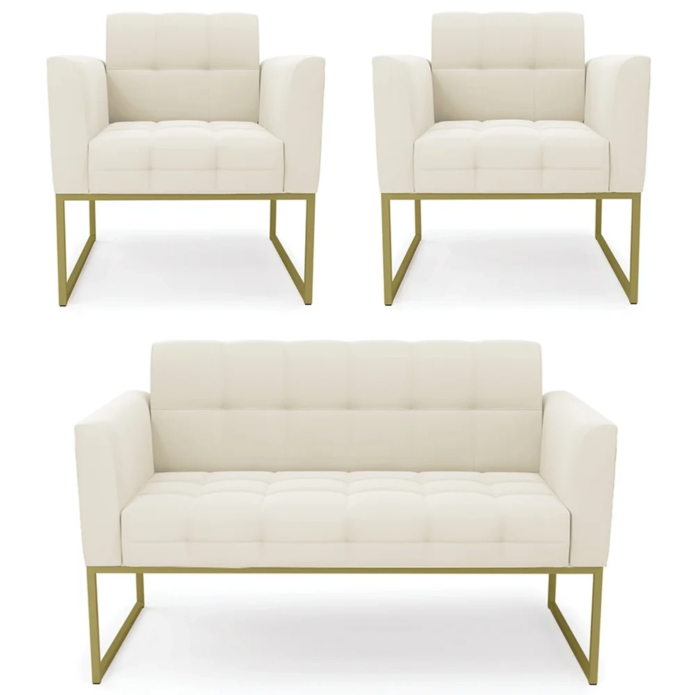 Sofá Namoradeira e 2 Poltronas Base Industrial Dourado Ana Veludo Bege - Ibiza