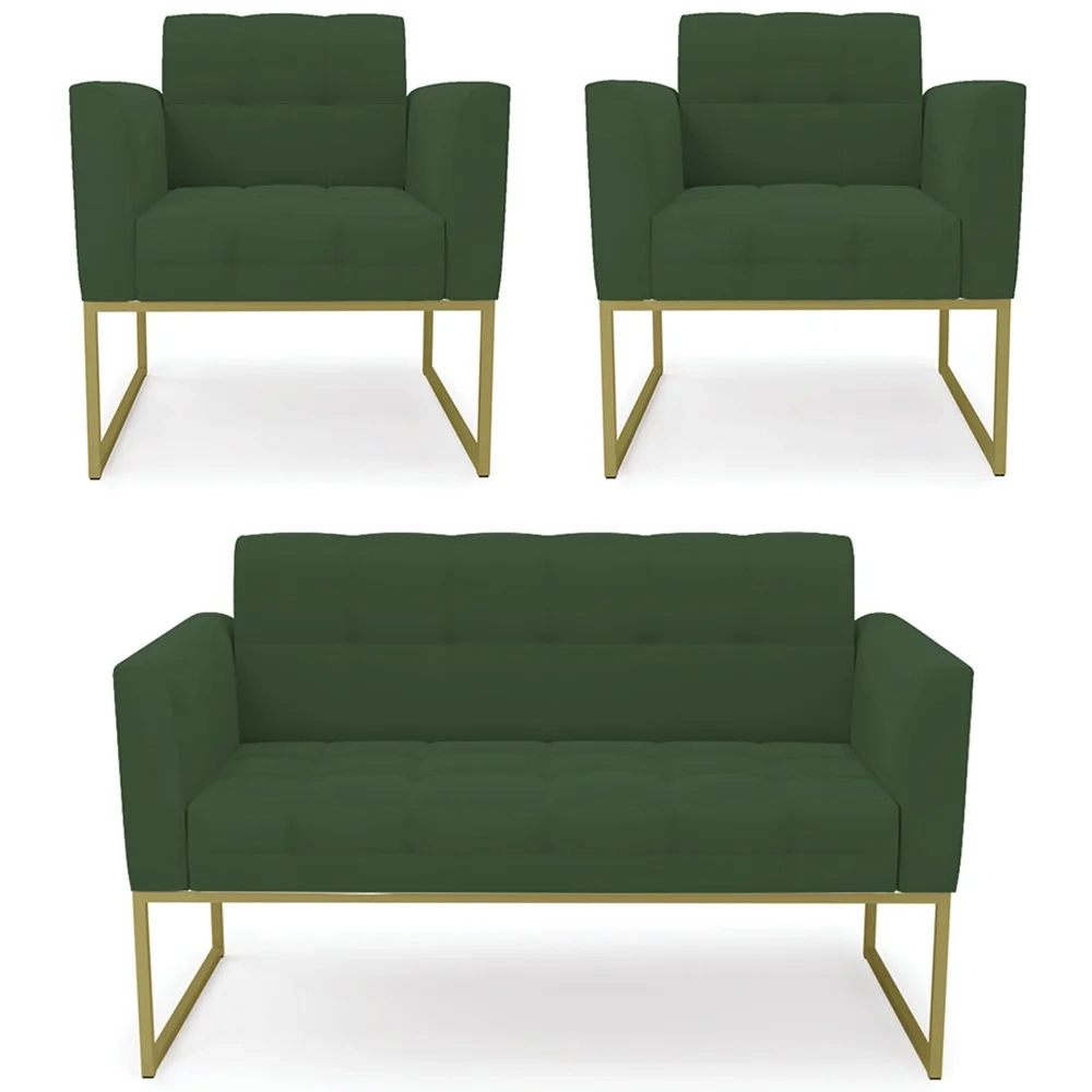 Sofá Namoradeira e 2 Poltronas Base Industrial Dourado Ana Veludo Verde - Ibiza