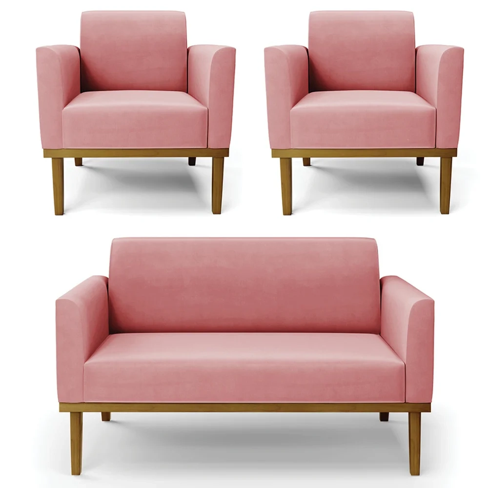 Sofá Namoradeira e 2 Poltronas Base Madeira Castanho Maressa Suede Rosê - Ibiza