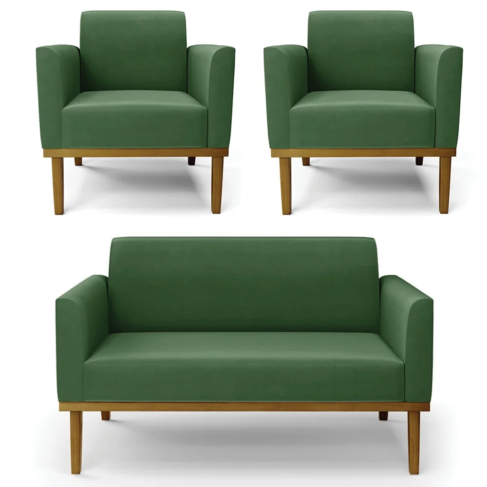 Sofá Namoradeira e 2 Poltronas Base Madeira Castanho Maressa Suede Verde - Ibiza