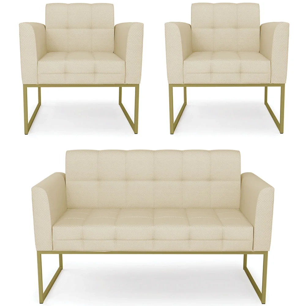 Sofá Namoradeira e 2 Poltronas Base Industrial Dourado Ana Veludo Luxo Off White - Ibiza