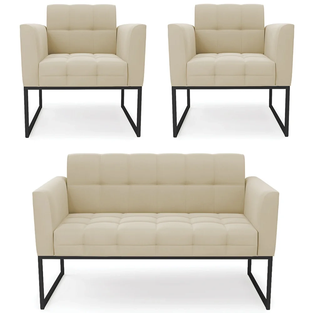 Sofá Namoradeira e 2 Poltronas Base Industrial Preto Ana Suede Bege - Ibiza