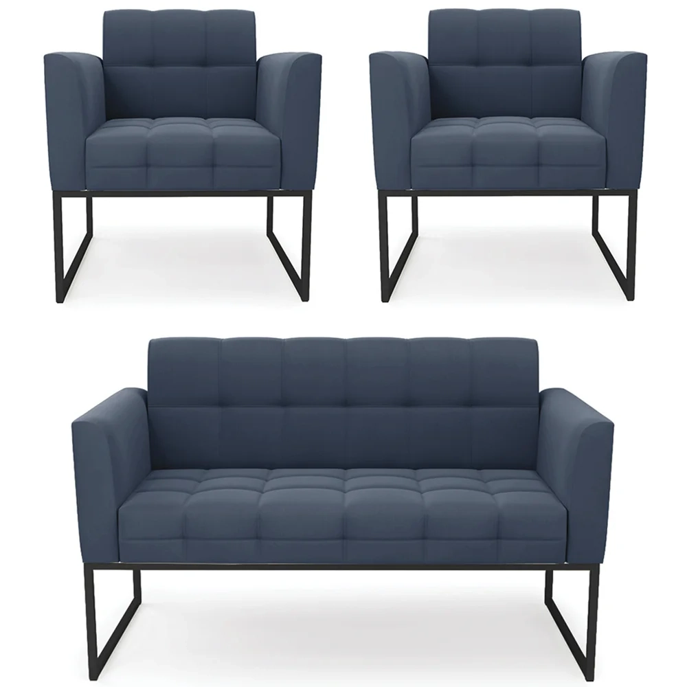 Sofá Namoradeira e 2 Poltronas Base Industrial Preto Ana Suede Azul Marinho - Ibiza