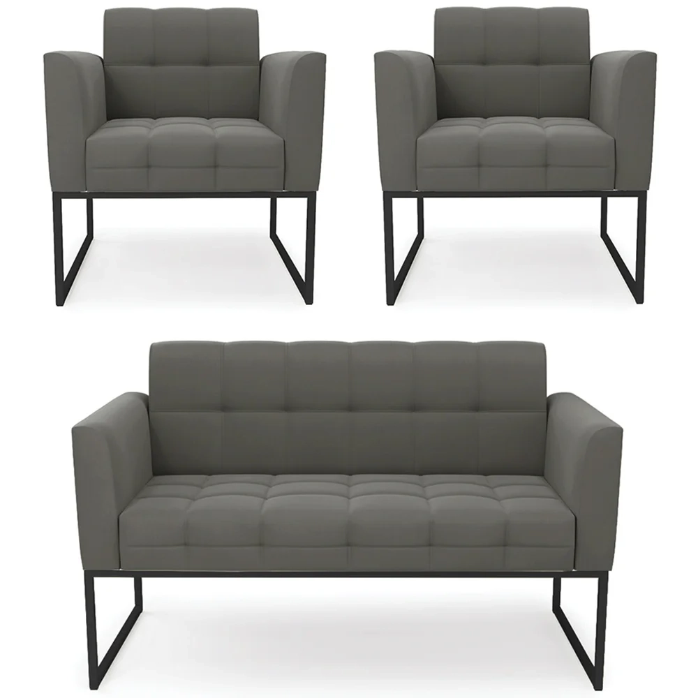 Sofá Namoradeira e 2 Poltronas Base Industrial Preto Ana Suede Grafite - Ibiza