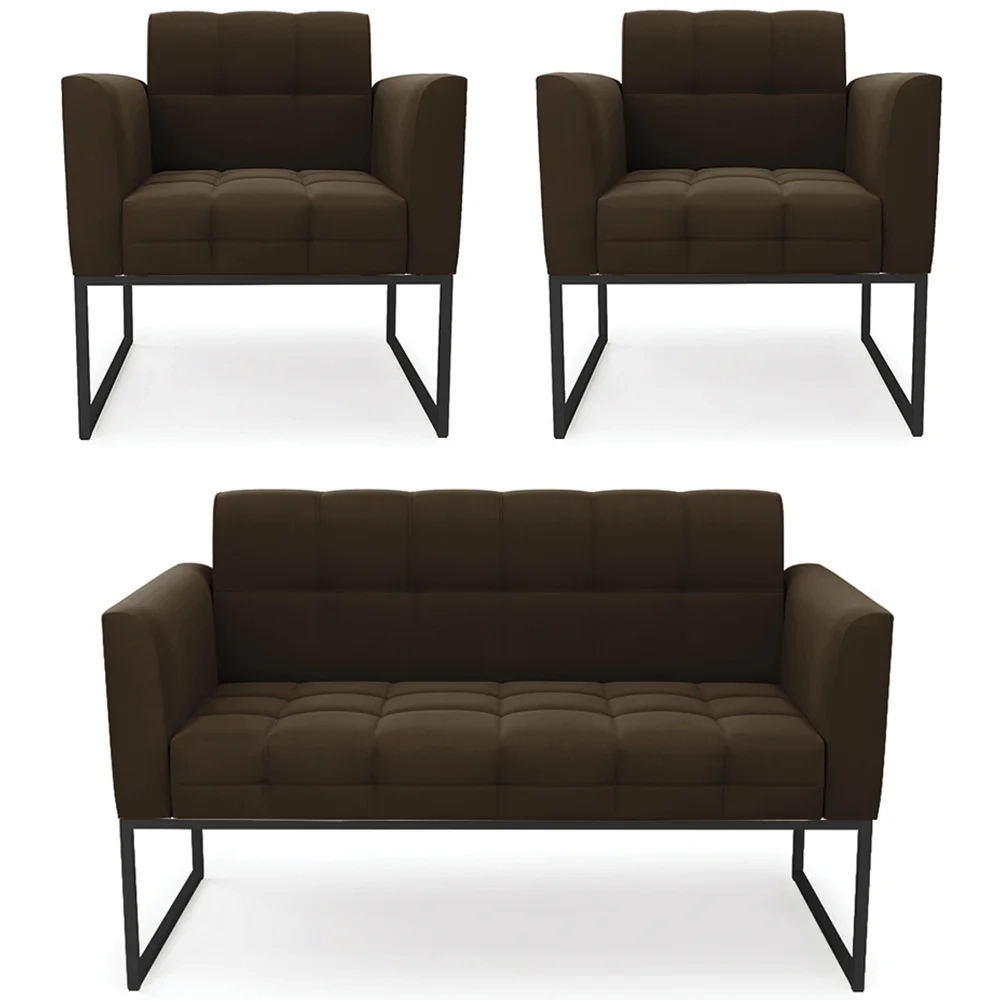 Sofá Namoradeira e 2 Poltronas Base Industrial Preto Ana Suede Marrom - Ibiza