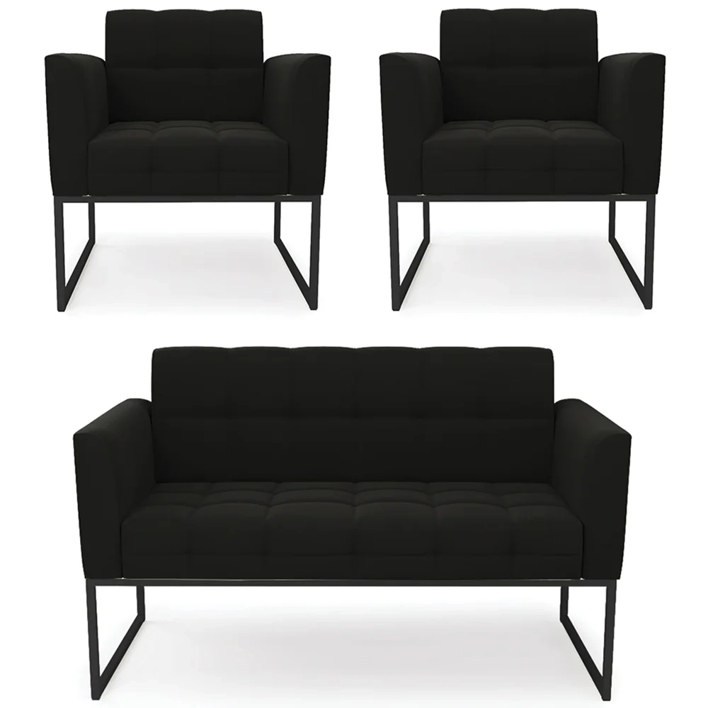 Sofá Namoradeira e 2 Poltronas Base Industrial Preto Ana Suede Preto - Ibiza